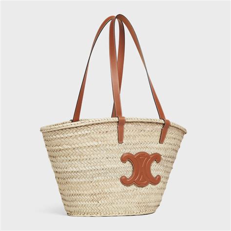 celine pannier|CELINE Raffia Calfskin Triomphe Medium Panier Tan.